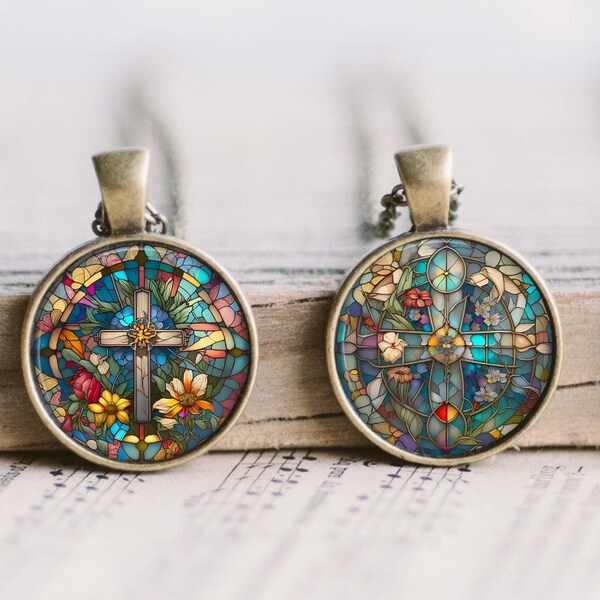 Stained Glass Cross Floral Art Bronze Jewelry Glass Pendant Necklace Large Option Dangle Earrings Multiple Variations Retro Vintage Look