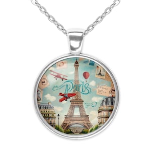 Paris Tour Eiffel France Carte postale rétro Art de voyage Bijoux en argent Collier pendentif en verre Grande option Boucles d'oreilles assorties Bracelet jonc