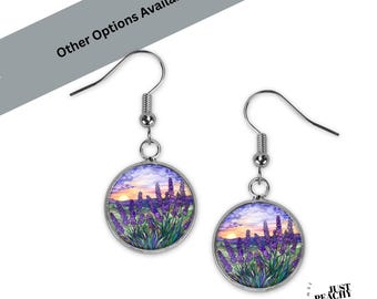 Pendientes de vitral con diseño de campo de lavanda, joyería floral de plata