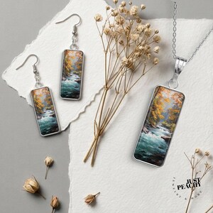 Autumn Fall Forest River Rectangle Pendant Necklace and Earrings Set