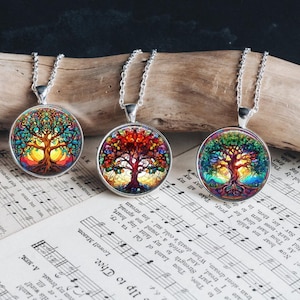 Stained Glass Tree of Life Jewelry Silver Necklace Glass Pendant Standard Large Matching Bracelet Earrings Multiple Variations Retro Look