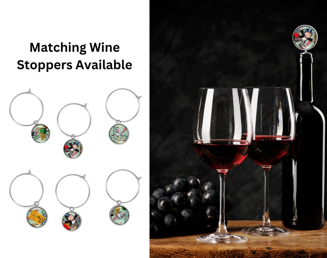Retro Boardgame Art Set of 6 Wine Charms Pick 6 Piece Monopoly Twister Operation Sorry Glass