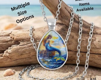 Mermaid Beachy Ocean Lover Art Silver Glass Teardrop Pendant Necklace Jewelry Set