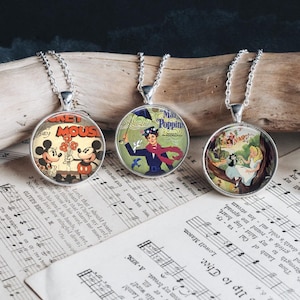 Retro Vintage Disney Movie Cartoon Silver Necklace Large Pendant Option Alice Dumbo Cinderella Jungle Book Snow White Earrings Bracelet