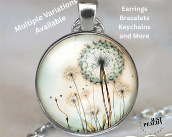 Nature Lover Dandelion Watercolor Art Silver Jewelry Necklace Glass Pendant Large Option Matching Bracelet Earrings Gift Idea New