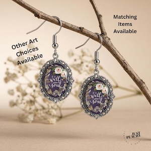 Floral Scripture Art oval Silver Earrings, Religious, Christian Jewelry Set