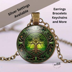 Nature Lover Tree of Life Art Bronze Silver Glass Pendant Necklace Jewelry Set