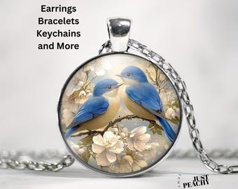 Nature Lover Blue Bird Watercolor Floral Art Silver Jewelry Glass Pendant Necklace