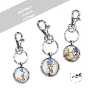 Holly Hobbie Colonial Prairie Girl Friends Retro Art Silver Keychain Purse Bookbag Charm Glass Pendant Necklace Large Option Matching Pieces