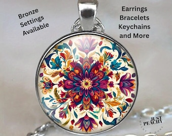 Collar con colgante de vidrio con diseño de mandala floral, conjunto de joyas de bronce y plata con diseño popular polaco.
