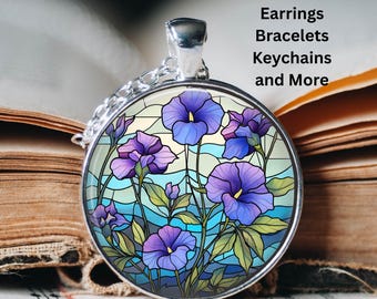 September Morning Glory Birth Month Flower Stained Glass Art Silver Jewelry Glass Pendant Necklace Bracelet Earrings Brooch Birthday Gift