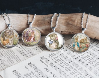 Beatrix Potter Silver Necklace Storybook Art Silver Jewelry Glass Pendant Large Option Woodland Animals Pick One New Bracelet Earrings