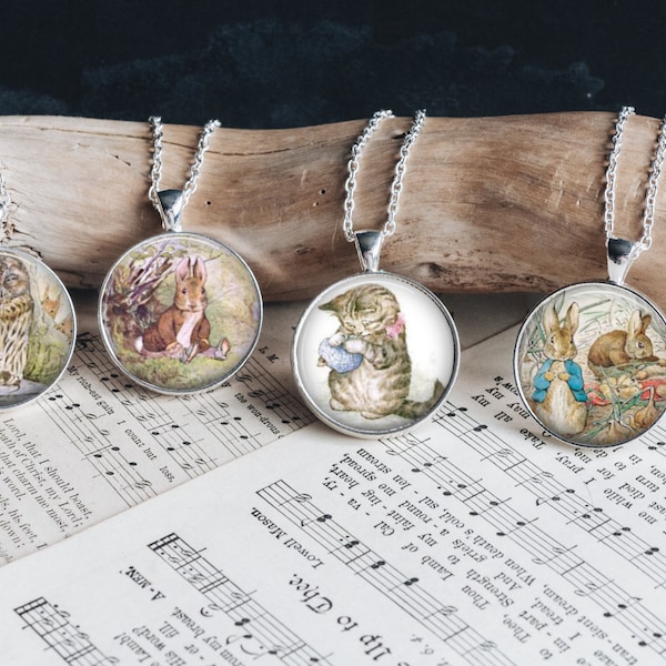 Beatrix Potter Silver Necklace Storybook Art Silver Jewelry Glass Pendant Large Option Woodland Animals Pick One New Bracelet Earrings