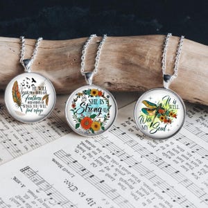 Retro Christian Scripture Theme Silver Glass Pendant Necklace Large Pendant Option  Multiple Bible Verses Faith Religious New Gift Idea