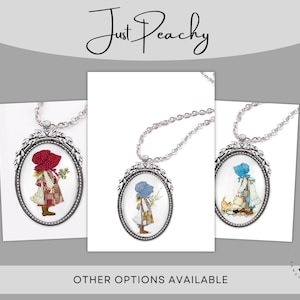 Holly Hobbie Kolonialmädchen Freunde Silber Große Oval Glas Anhänger Halskette Mehrere 24 oder 32-Zoll-Kette Retro Passende Stücke