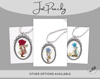 Holly Hobbie Colonial Girl Friends Silver Large Oval Glass Pendant Necklace Multiple 24 or 32 Inch Chain Retro Matching Pieces