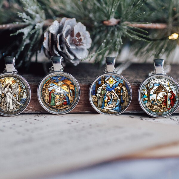 Religious Manger Nativity Stained Glass Art Silver Jewelry Necklace Glass Pendant Large Option Matching Bracelet Earrings Faith Christian