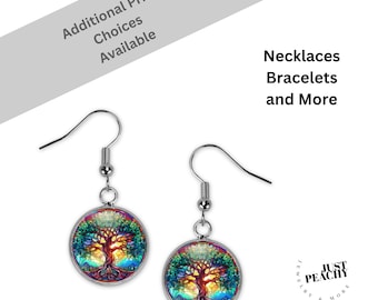 Stained Glass Tree of Life Jewelry Silver Dangle Earrings  Glass Pendant Matching Necklace Bracelet Multiple Variations Retro Look