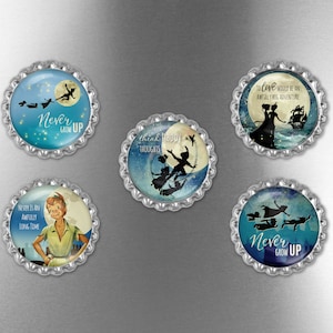 Retro Peter Pan Art Bottle Cap Fridge Magnets Several Designs Quote Word Art Pick One Mix Match Custom Set