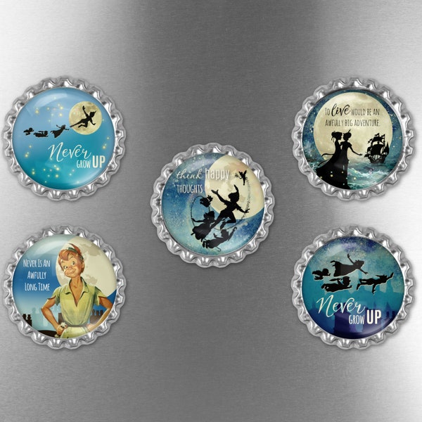 Retro Peter Pan Art Bottle Cap Fridge Magnets Several Designs Quote Word Art Pick One Mix Match Custom Set