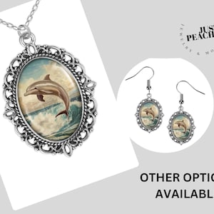 Collana con ciondolo ovale in vetro, piccolo o grande, con pizzo d'argento, orecchini e bracciale in filigrana, amante della riva dell'oceano e delfino, acquerello.