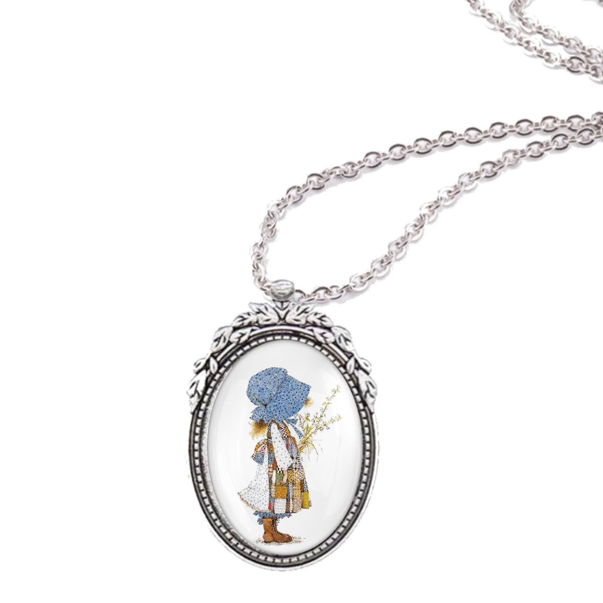 Holly Hobbie Pendant Necklace, Colonial Girl Art, Silver Oval, (24