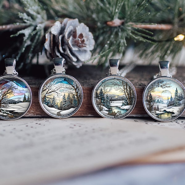 Winter Snowy Wonderland Stained Glass Art Silver Jewelry Necklace Glass Pendant Large Option Matching Bracelet Earrings Gift Idea New