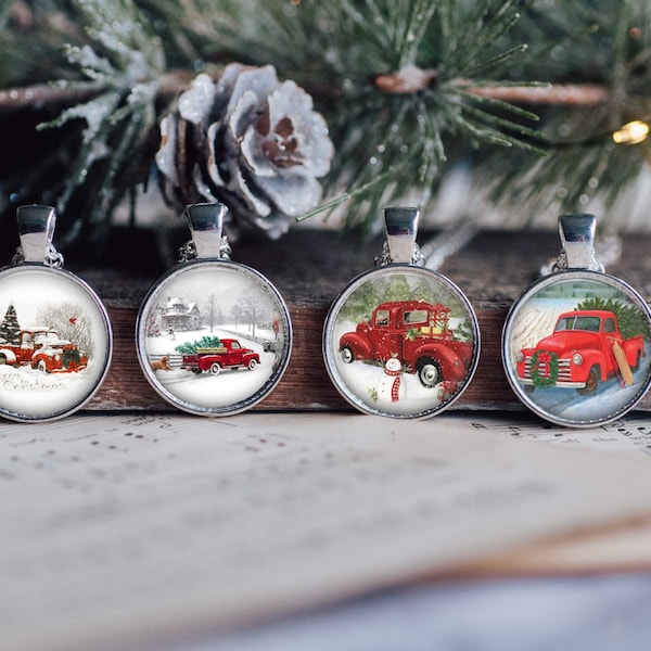 Christmas Tree Retro Farm Truck Scenic Silver Jewelry Glass Pendant Necklace Large Option Earrings Bracelet Multiple Variations Farmhouse