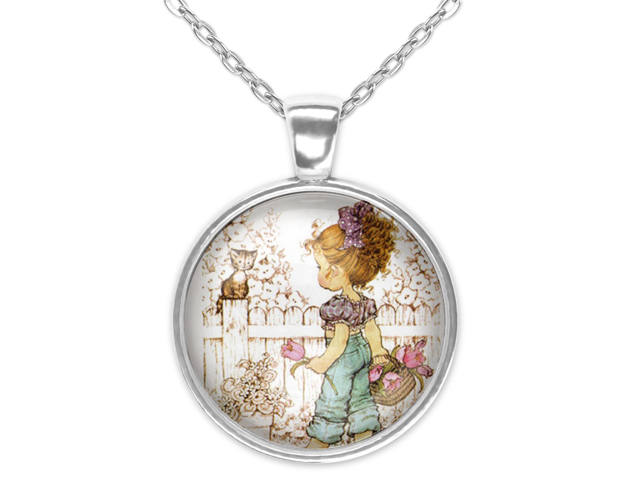 Holly Hobbie Silver Pendant Necklace, Colonial Girl Jewelry Gift