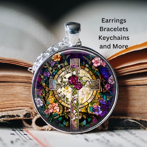Collana con ciondolo in vetro con croce floreale viola, gioielli in argento, opzione grande, orecchini pendenti, bracciale, idea regalo, fede religiosa