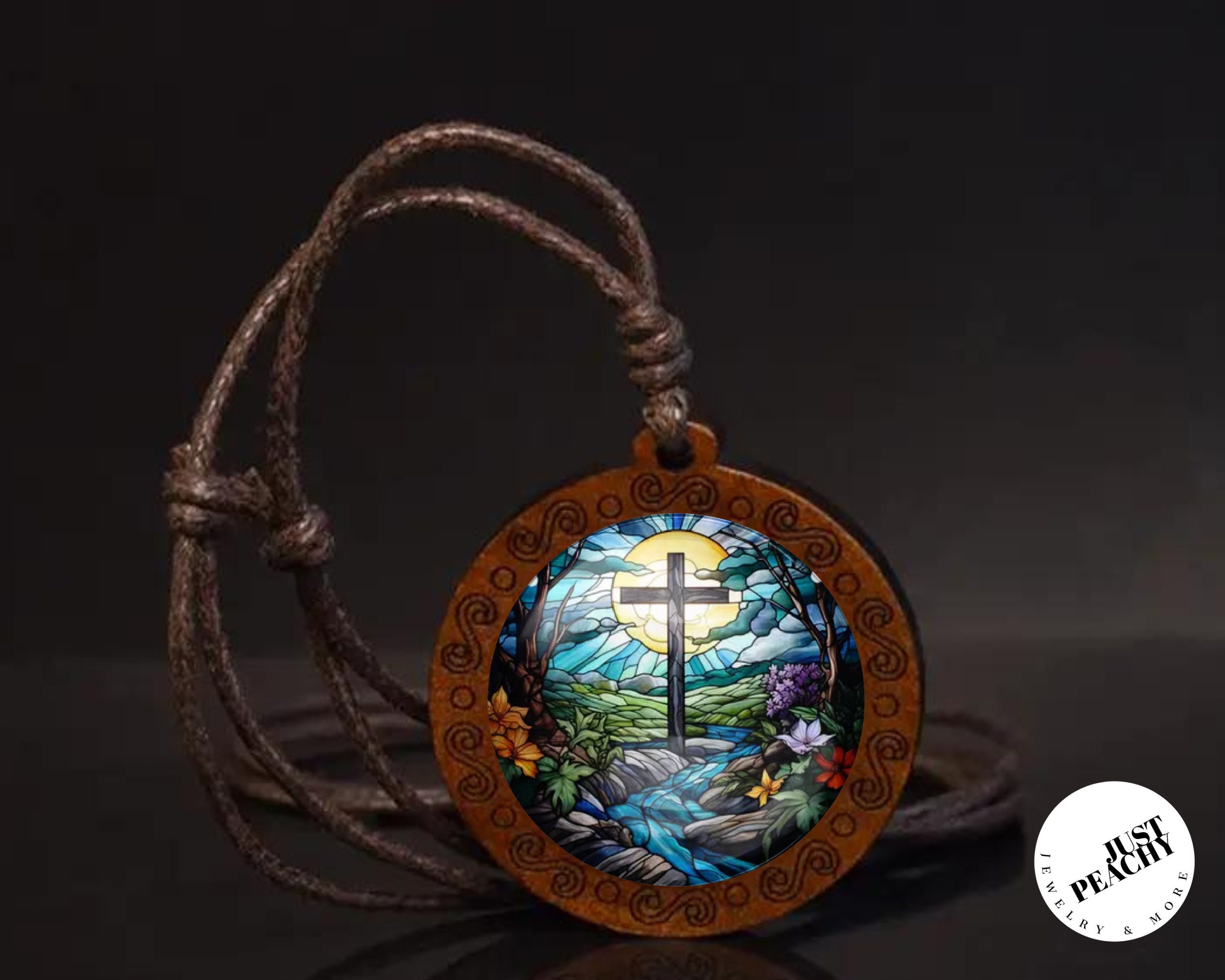 Stained Glass Cross Wood Pendant Necklace, Adjustable Cord - Etsy