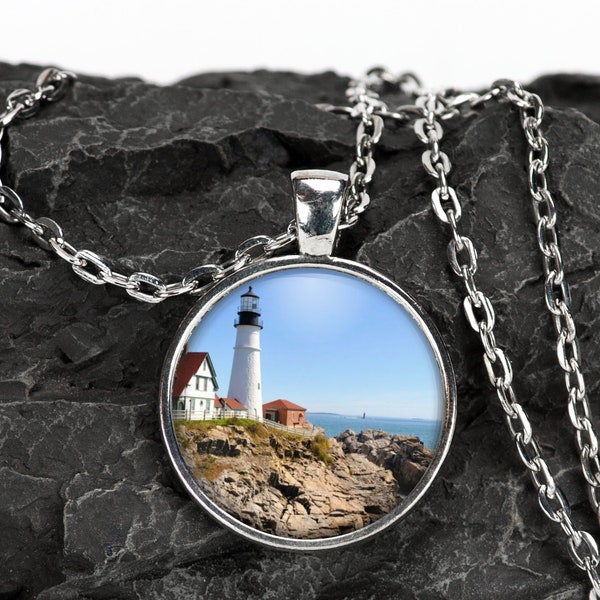 USA Lighthouses Nautical Silver Jewelry Glass Pendant Necklace Large Option Multiple Locations Earrings Bracelet Gift Idea Keychain Option