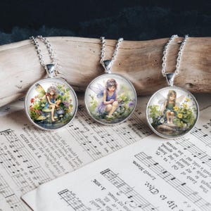 Spring Garden Floral Fairy Imp Whimsical Silver Jewelry Set Glass Pendant Necklace