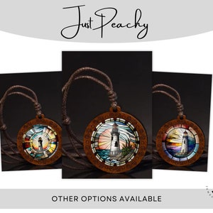 Lighthouse Nautical Stained Glass Art Natural Wood Mandala Pendant Necklace Adjustable Cord Glass Dome Cabochon Gift Idea New