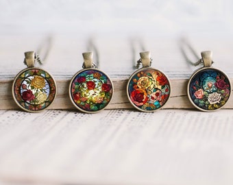 Stained Glass Rose Floral Art Bronze Jewelry Glass Pendant Necklace  Large Option Matching  Earrings Multiple Variations Retro Vintage Look