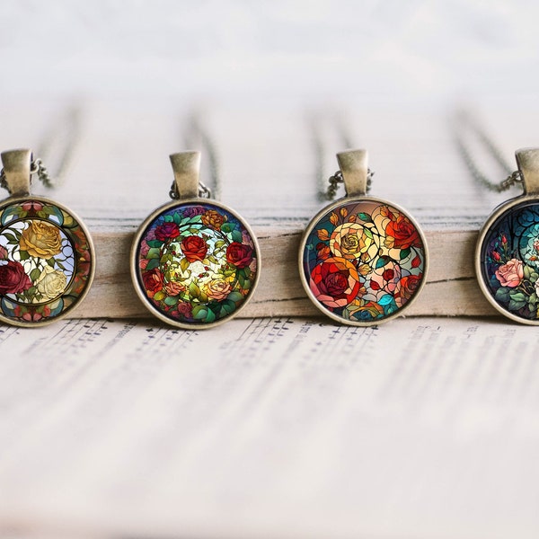 Stained Glass Rose Floral Art Bronze Jewelry Glass Pendant Necklace  Large Option Matching  Earrings Multiple Variations Retro Vintage Look