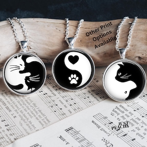 Animal Lover Yin Yang Dog Cat Jewelry Silver Glass Pendant Necklace  Multiple Variations Matching Earrings Gift Idea Minimalist Unisex