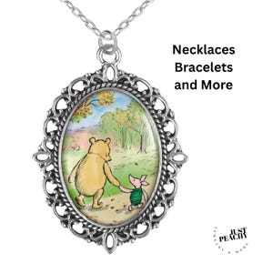 Winnie the Pooh Piglet Oval Glass Pendant Necklace Small Large Silver Filigree Variations Earring Bracelet Retro Art AJ Milne Gift Idea New