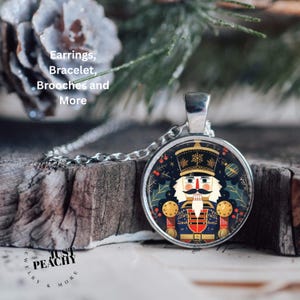 Nutcracker Soldier Festive Holiday Art Silver Jewelry Set Glass Pendant Necklace