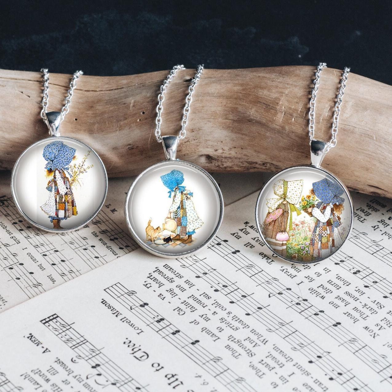 Holly Hobbie Silver Pendant Necklace, Colonial Girl Jewelry Gift