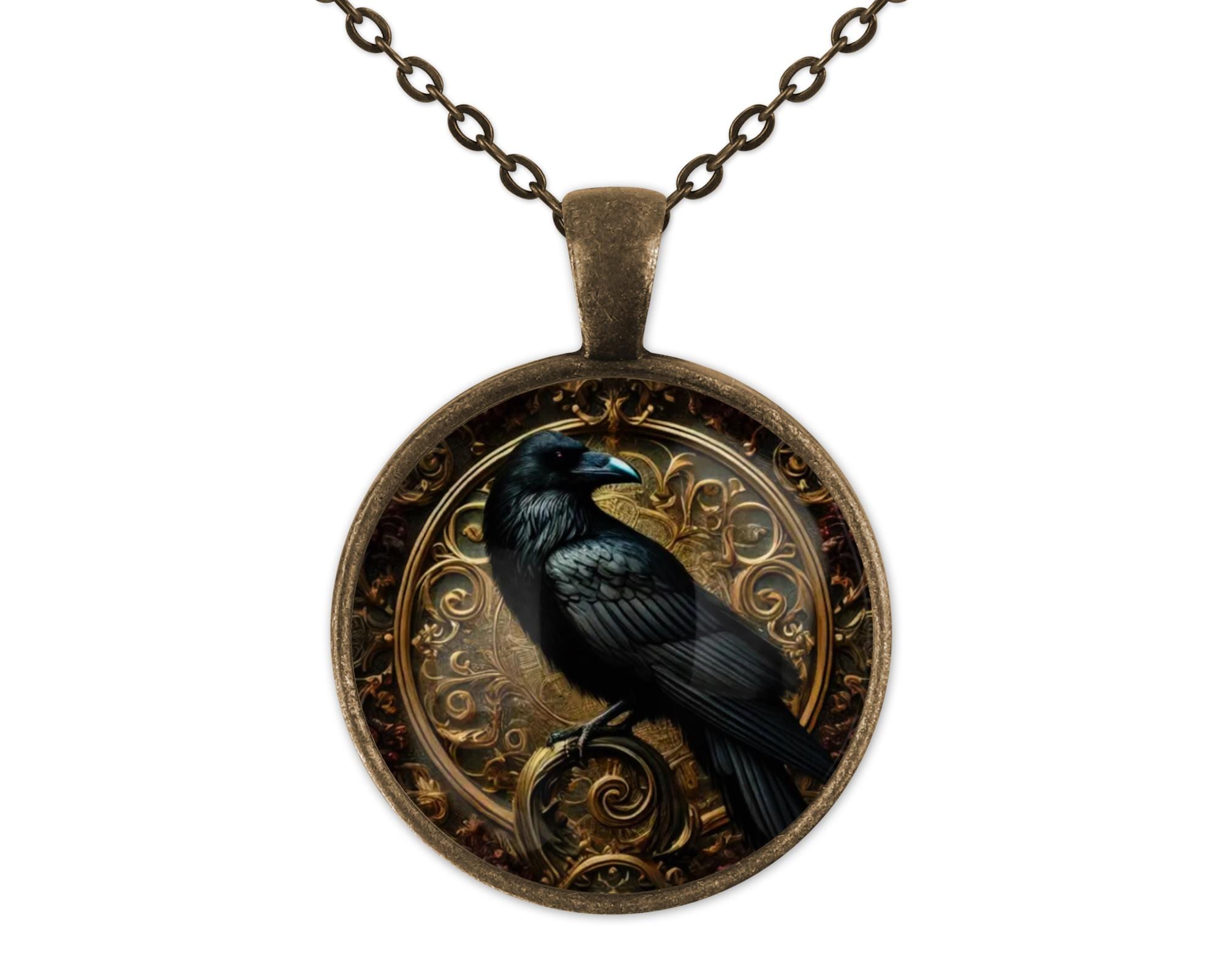 Gothic Raven Watercolor Bird Art Bronze Jewelry Necklace Glass Pendant Large Option Matching Bracelet Earrings Gift Idea New