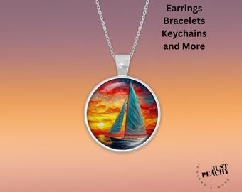 Collar con velero de vidrieras, joyería artística náutica con atardecer