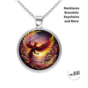 Rising Phoenix Vogel Ermächtigung Feuer Aquarell Kunst Silber Schmuck Glas Anhänger Halskette Große Option passende Ohrringe Armreif Armband
