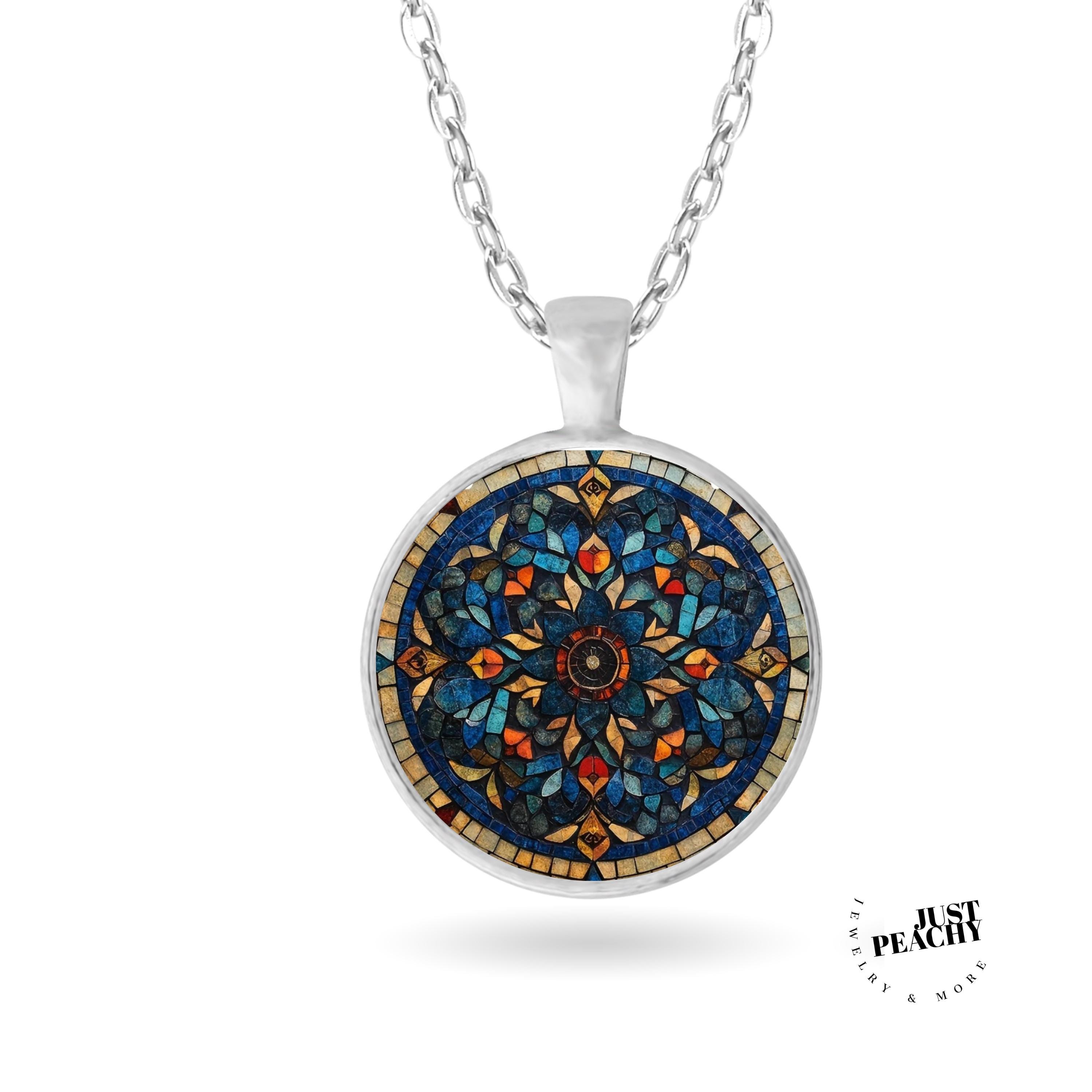 万華鏡曼荼羅アートペンダントネックレス、シルバージュエリーセット