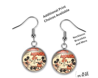Retro Mickey Mouse Dangle Earrings, Vintage Comic Art Style Silver Jewelry Set
