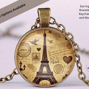 Paris Tour Eiffel France Carte postale rétro Art de voyage Bijoux en bronze Collier pendentif en verre Grande option Boucles d'oreilles assorties Bracelet jonc