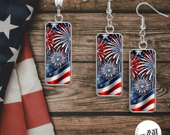 Patriotic USA Stars Stripes Red Blue Art Rectangular Silver Pendant Necklace, Matching Earrings
