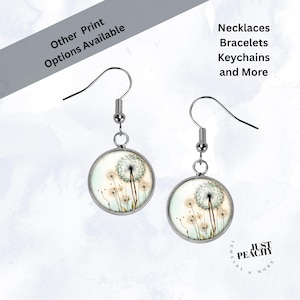 Nature Lover Dandelion Make Wish Watercolor Art Silver Jewelry Set Dangle Drop Earrings