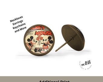 Retro Mickey Mouse Earrings, Bronze Cartoon Studs
