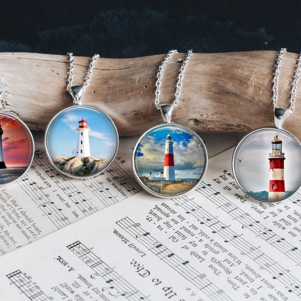 Lighthouse Nautical Silver Jewelry  Glass Pendant Necklace Large Pendant Option  Matching Earrings Bracelet Anklet Gift Idea Ocean Beach
